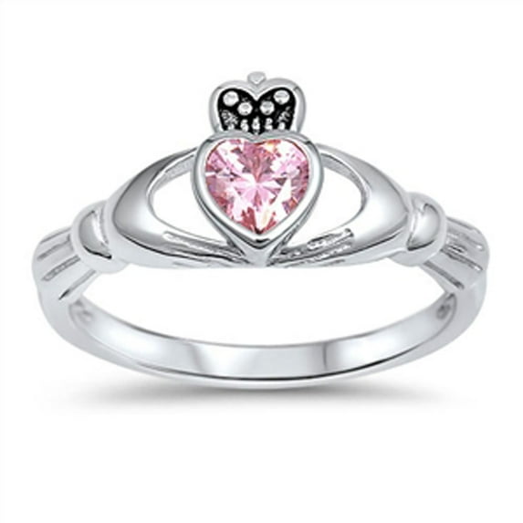 CHOOSE YOUR COLOR Friendship Heart Pink CZ Claddagh Ring .925 Sterling Silver Band Female Size 7