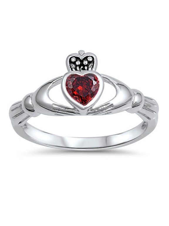 CHOOSE YOUR COLOR Friendship Simulated Garnet Irish Claddagh Ring .925 Sterling Silver Band Red CZ Female Size 6
