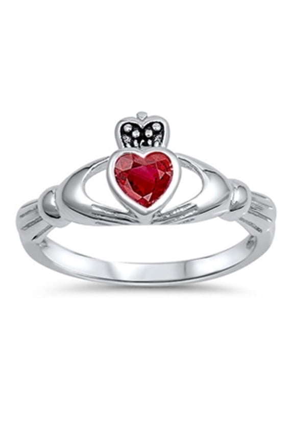 CHOOSE YOUR COLOR Friendship Simulated Ruby Claddagh Heart Ring .925 Sterling Silver Band Red CZ Female Size 4