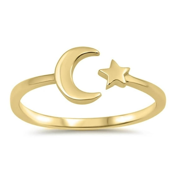 CHOOSE YOUR COLOR Gold-Tone Crescent Moon Star Open Modern Sterling Silver Ring 925 Jewelry Female Size 6