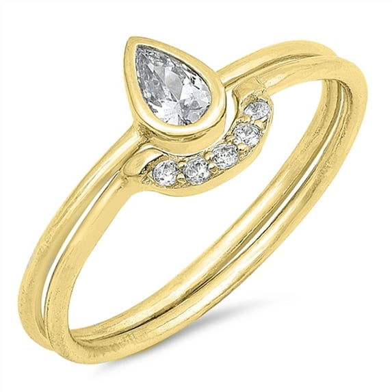 CHOOSE YOUR COLOR Gold-Tone Solitaire Teardrop White CZ Ring .925 Sterling Silver Band Female Size 8