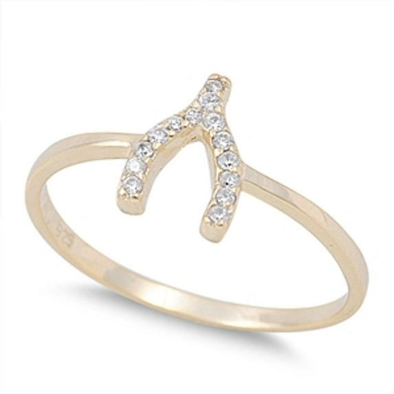 CHOOSE YOUR COLOR Gold-Tone Wishbone Good Luck White CZ Ring .925 Sterling Silver Band Female Size 7