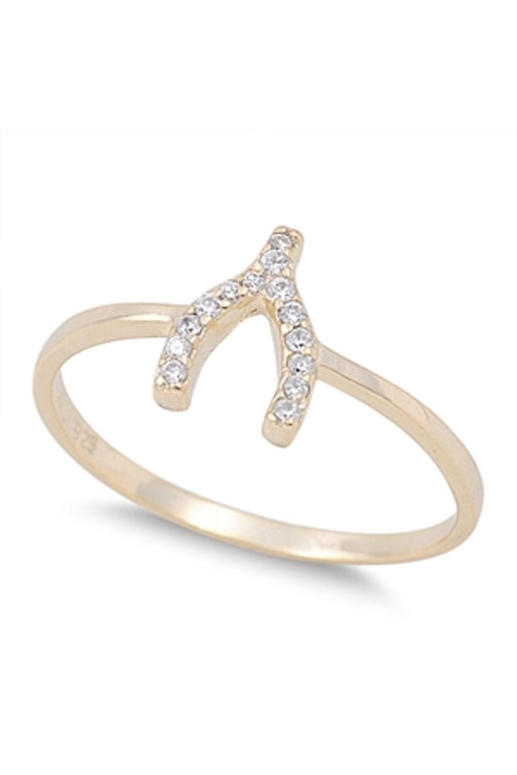 CHOOSE YOUR COLOR Gold-Tone Wishbone Good Luck White CZ Ring .925 Sterling Silver Band Female Size 8