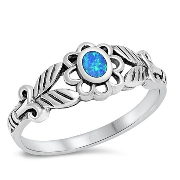 CHOOSE YOUR COLOR Greek Flower Blue Simulated Opal Ring .925 Sterling Silver Band CZ Female Size 7
