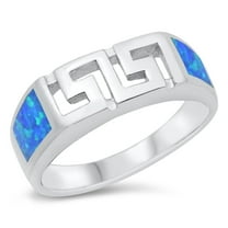 CHOOSE YOUR COLOR Greek Key Mosaic Ring Blue Simulated Opal .925 Sterling Silver Band CZ Female Size 7