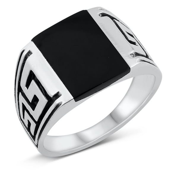 CHOOSE YOUR COLOR Greek Key Signet Simulated Black Onyx Ring .925 Sterling Silver Band CZ Female Size 13