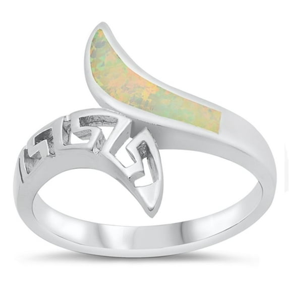 CHOOSE YOUR COLOR Greek Key Wave Wrap Ring White Simulated Opal .925 Sterling Silver Band CZ Female Size 9
