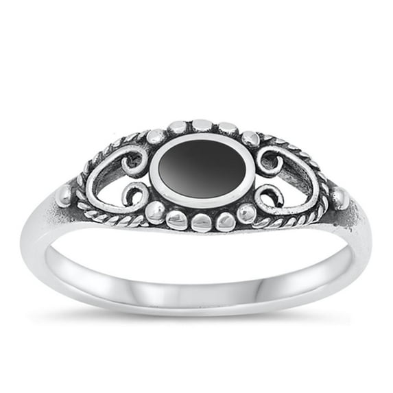 CHOOSE YOUR COLOR Heart Bali Black Oval Onyx Ring .925 Sterling Silver Band CZ Female Size 10