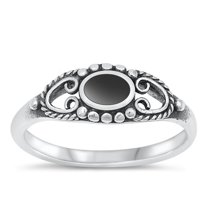 CHOOSE YOUR COLOR Heart Bali Black Oval Onyx Ring .925 Sterling Silver Band CZ Female Size 9