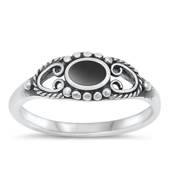 CHOOSE YOUR COLOR Heart Bali Black Oval Onyx Ring .925 Sterling Silver Band CZ Female Size 9