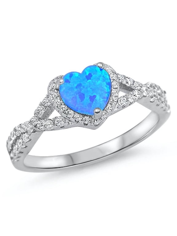 CHOOSE YOUR COLOR Heart Blue Simulated Opal Wave Knot Promise Ring .925 Sterling Silver Band White CZ Female Size 11
