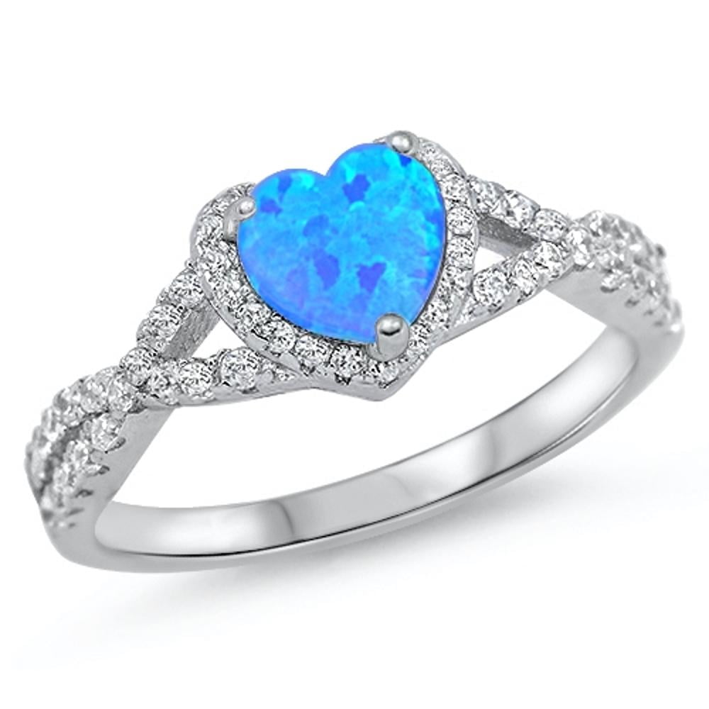 CHOOSE YOUR COLOR Heart Blue Simulated Opal Wave Knot Promise Ring .925 Sterling Silver Band White CZ Female Size 5