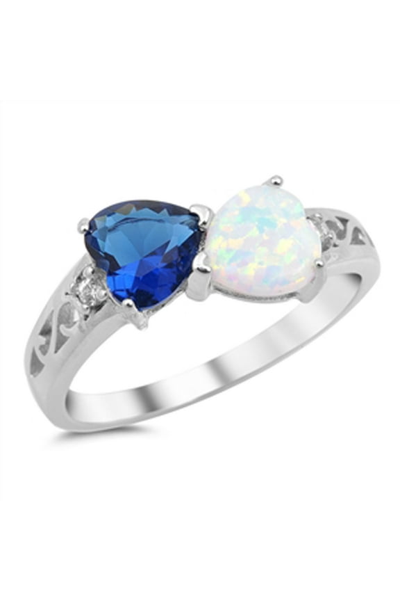 CHOOSE YOUR COLOR Heart Blue Simulated Sapphire White Simulated Opal Promise Ring Sterling Silver CZ Female Size 11