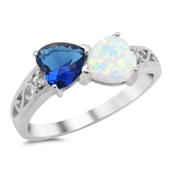 CHOOSE YOUR COLOR Heart Blue Simulated Sapphire White Simulated Opal Promise Ring Sterling Silver CZ Female Size 6