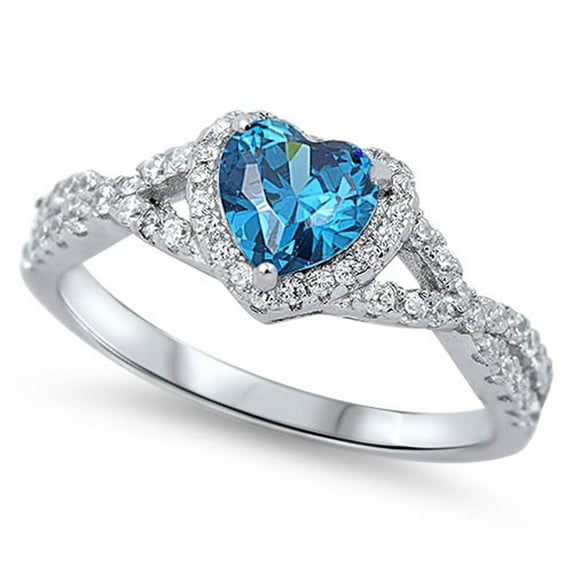 CHOOSE YOUR COLOR Heart Blue Simulated Topaz Halo Infinity Promise Sterling Silver Ring CZ Female Size 4