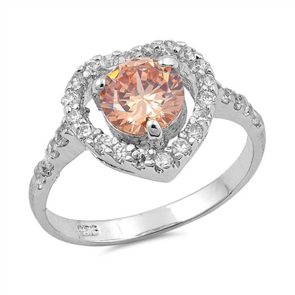 CHOOSE YOUR COLOR Heart Champagne CZ Halo Ring .925 Sterling Silver Band Orange Female Size 6
