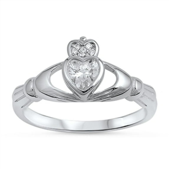 CHOOSE YOUR COLOR Heart Claddagh Clear CZ Promise Ring .925 Sterling Silver Band White Female Size 4
