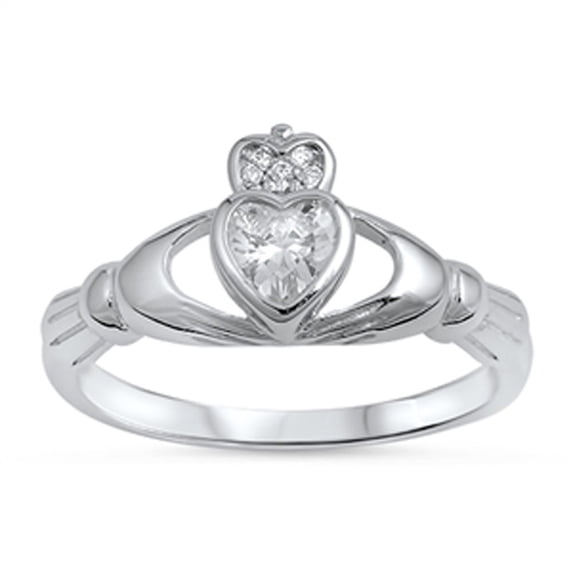 CHOOSE YOUR COLOR Heart Claddagh Clear CZ Promise Ring .925 Sterling Silver Band White Female Size 5