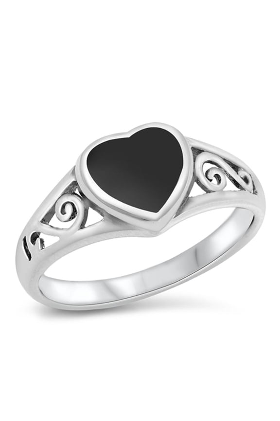 CHOOSE YOUR COLOR Heart Filigree Simulated Black Onyx Promise Ring .925 Sterling Silver Band CZ Female Size 7