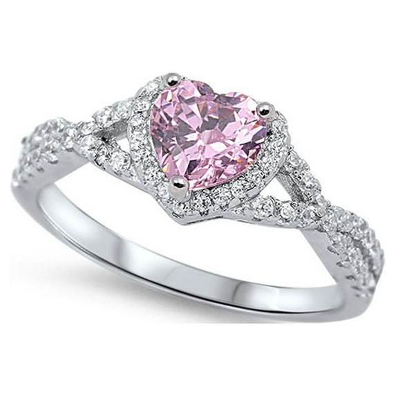 CHOOSE YOUR COLOR Heart Pink CZ Halo Promise Ring .925 Sterling Silver Infinity Knot Female Size 13