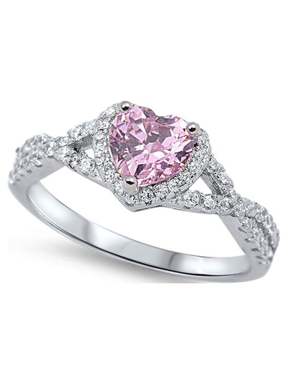 CHOOSE YOUR COLOR Heart Pink CZ Halo Promise Ring .925 Sterling Silver Infinity Knot Female Size 6