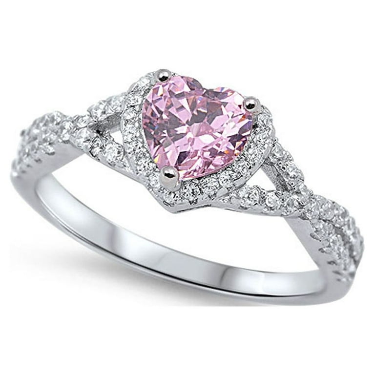 CHOOSE YOUR COLOR Heart Pink CZ Halo Promise Ring .925 Sterling