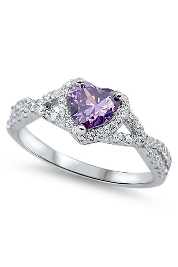 CHOOSE YOUR COLOR Heart Purple Simulated Amethyst Halo Infinity Knot Sterling Silver Ring CZ Female Size 9