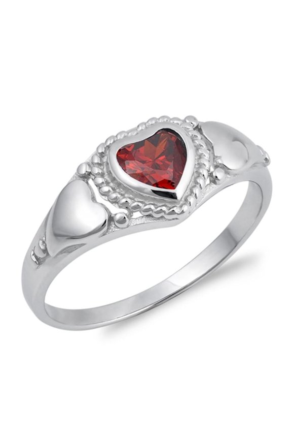 CHOOSE YOUR COLOR Heart Simulated Garnet Bali Halo Ring .925 Sterling Silver Band Red CZ Female Size 4