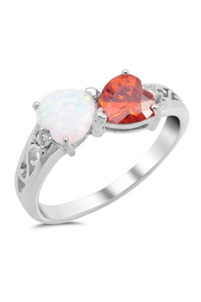 CHOOSE YOUR COLOR Heart Simulated Garnet White Simulated Opal Promise Ring .925 Sterling Silver Band Red CZ Female Size 11