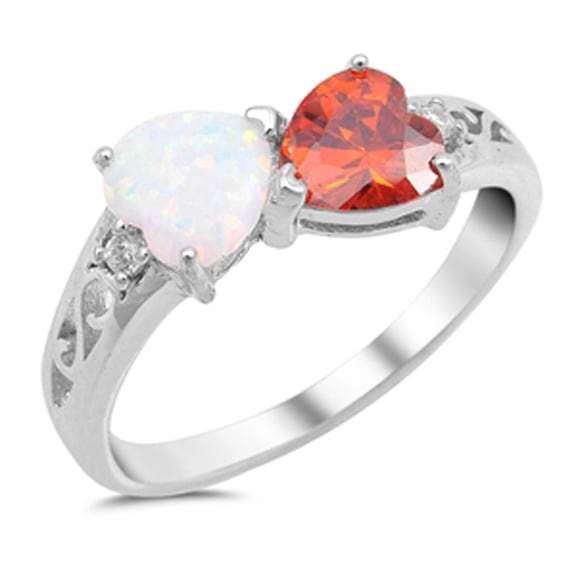CHOOSE YOUR COLOR Heart Simulated Garnet White Simulated Opal Promise Ring .925 Sterling Silver Band Red CZ Female Size 4