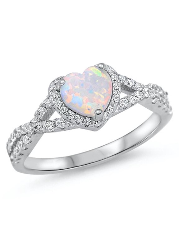 CHOOSE YOUR COLOR Heart White Simulated Opal Halo Promise Ring 925 Sterling Silver Band CZ Female Size 10