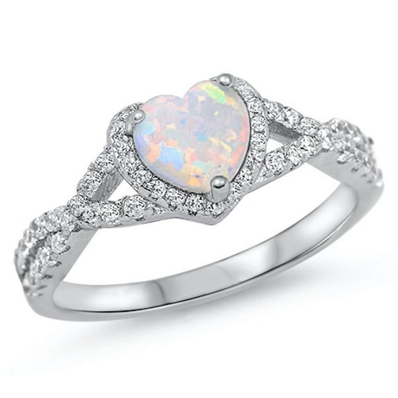 CHOOSE YOUR COLOR Heart White Simulated Opal Halo Promise Ring 925 Sterling Silver Band CZ Female Size 13