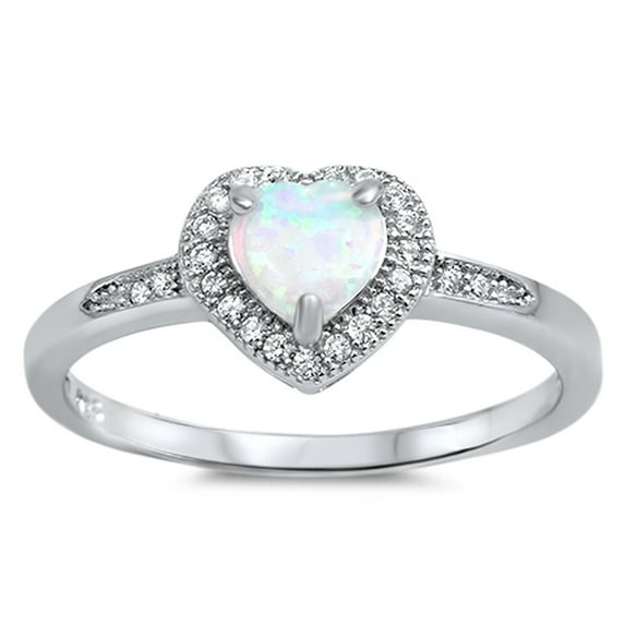 CHOOSE YOUR COLOR Heart White Simulated Opal Halo Promise Ring .925 Sterling Silver Band CZ Female Size 8