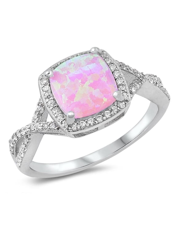 CHOOSE YOUR COLOR Infinity Clear CZ Pink Simulated Opal Halo Ring .925 Sterling Silver Band White Female Size 8