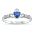 thumbnail image 1 of CHOOSE YOUR COLOR Irish Claddagh Friendship Sterling Silver Ring Blue Simulated Sapphire Heart CZ Female Size 2, 1 of 4