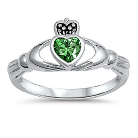 CHOOSE YOUR COLOR Irish Simulated Emerald Claddagh Heart Ring .925 Sterling Silver Band Green CZ Female Size 5