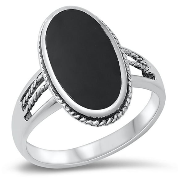 CHOOSE YOUR COLOR Large Long Simulated Black Onyx Solitaire Ring .925 Sterling Silver Band CZ Female Size 10
