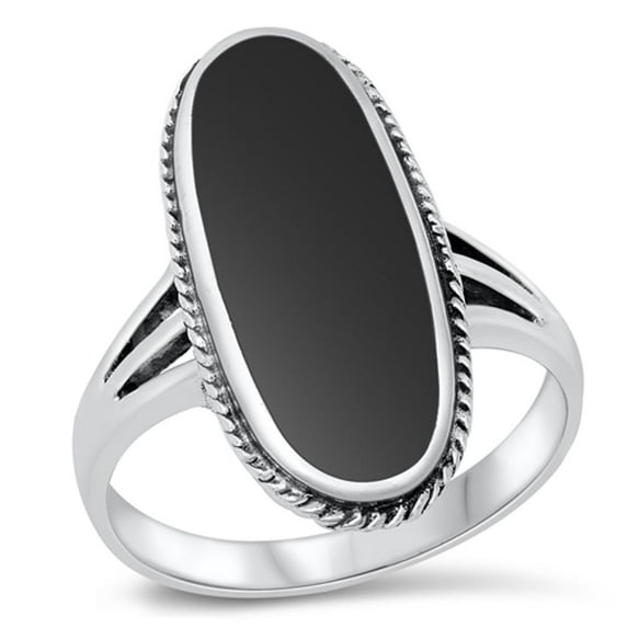 CHOOSE YOUR COLOR Large Long Simulated Black Onyx Solitaire Ring .925 Sterling Silver Band CZ Female Size 11