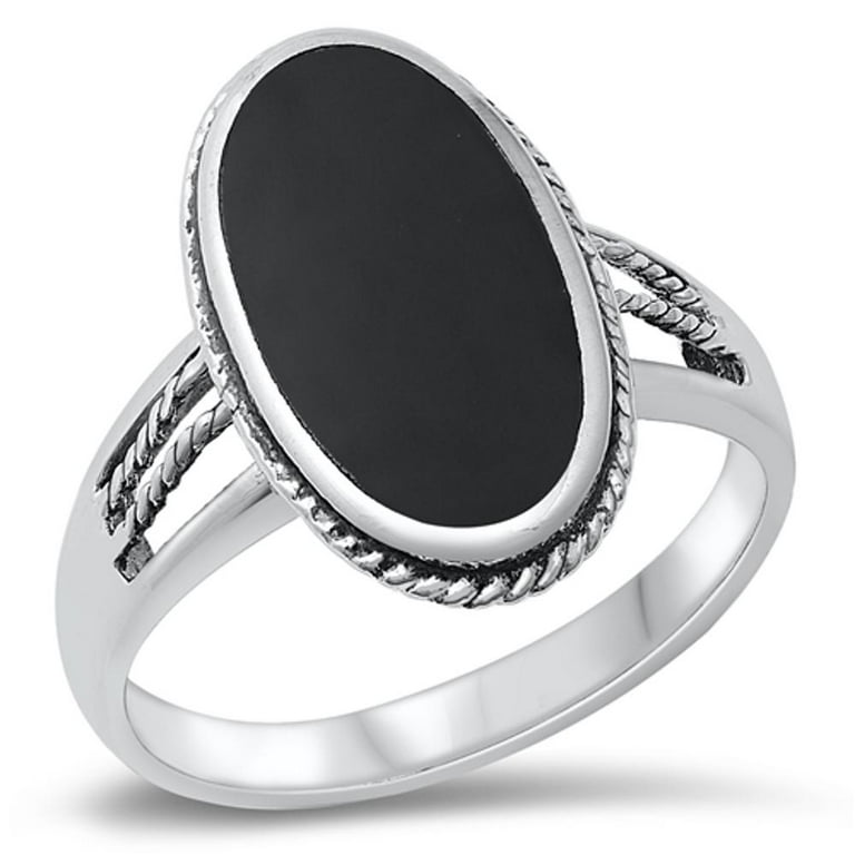 CHOOSE YOUR COLOR Large Long Simulated Black Onyx Solitaire Ring .925 Sterling Silver Band CZ Female Size 8