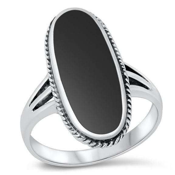 CHOOSE YOUR COLOR Large Long Simulated Black Onyx Solitaire Ring .925 Sterling Silver Band CZ Female Size 9