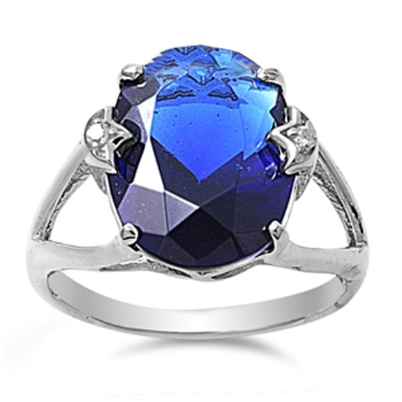 CHOOSE YOUR COLOR Large Oval Blue Simulated Sapphire Star Ring .925 Sterling Silver Band CZ Female Size 6