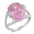 thumbnail image 1 of CHOOSE YOUR COLOR Large Oval Pink CZ Solitaire Ring .925 Sterling Silver Star Band Female Size 9, 1 of 4