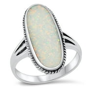 SAC SILVER CHOOSE YOUR COLOR Large Oval White Simulated Opal Ring .925 Sterling Silver Band CZ Female Size 10