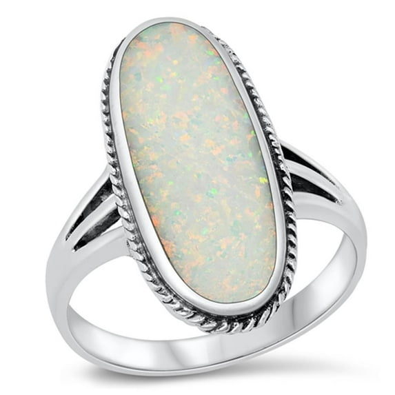 CHOOSE YOUR COLOR Large Oval White Simulated Opal Ring .925 Sterling Silver Band CZ Female Size 8