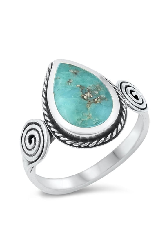 CHOOSE YOUR COLOR Large Tear Drop Simulated Turquoise Ring .925 Sterling Silver Band Blue CZ Female Size 5