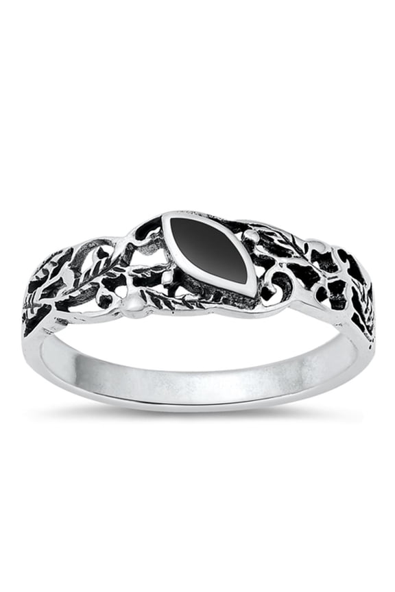 CHOOSE YOUR COLOR Leaf Filigree Simulated Black Onyx Ring .925 Sterling Silver Band CZ Female Size 4
