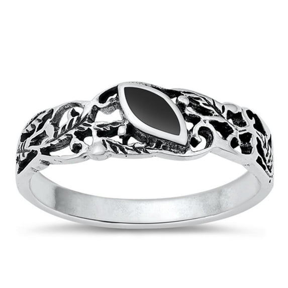 CHOOSE YOUR COLOR Leaf Filigree Simulated Black Onyx Ring .925 Sterling Silver Band CZ Female Size 8