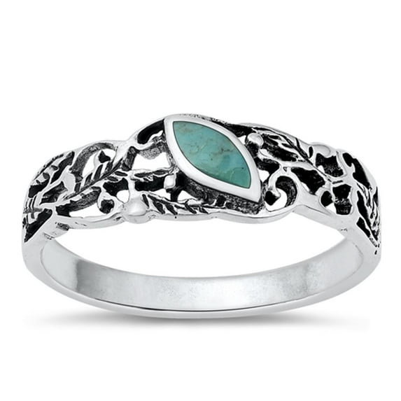 CHOOSE YOUR COLOR Leaf Filigree Simulated Turquoise Promise Ring .925 Sterling Silver Band Blue CZ Female Size 9