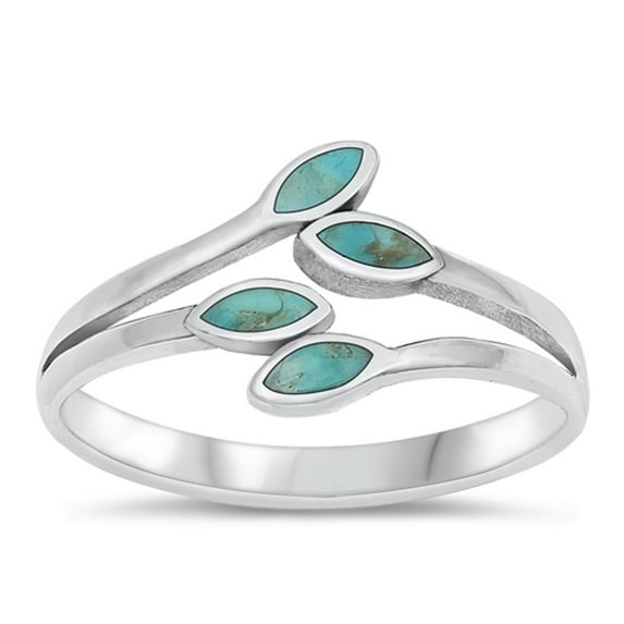 CHOOSE YOUR COLOR Leaves Simulated Turquoise Ring .925 Sterling Silver Band Blue CZ Female Size 9