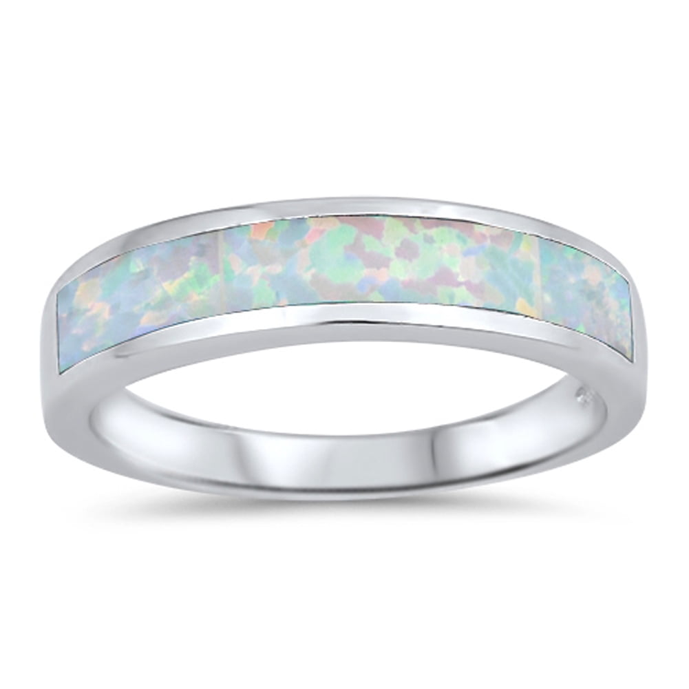 White Simulated Opal Triangle Grid Wedding Ring | .925 Sterling Silver Band Size 9 | Women's Men's Silver Ring